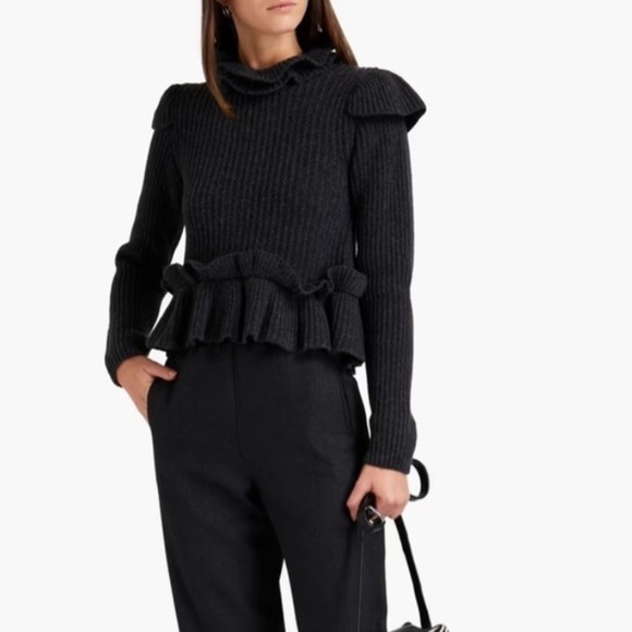 Ganni- Charcoal Grey Wool Longsleeve Cutout Ruffle Peplum Sweater - Picture 3 of 11